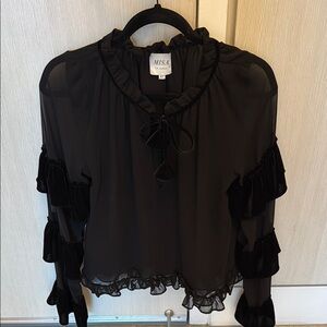 Black Sheer Long Sleeve Ruffled Blouse